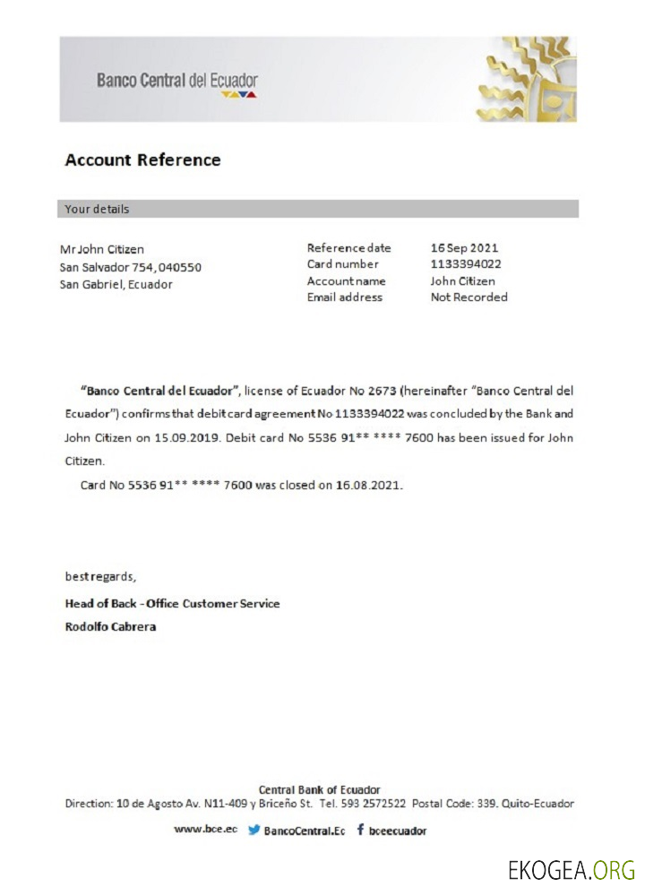 Équateur , Banque centrale de l'Équateur , référence de fermeture